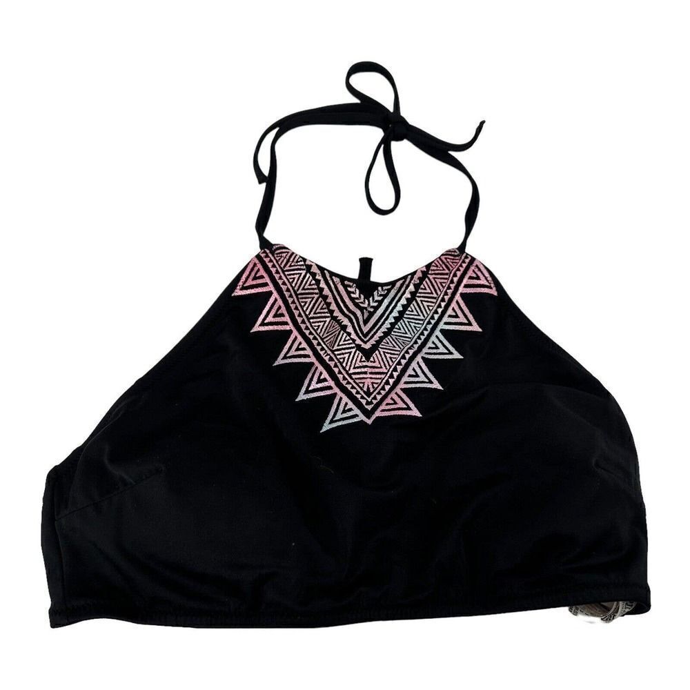 Victorias Secret PINK Swimsuit Top Black Halter Embroidered Size L Bohemian Boho